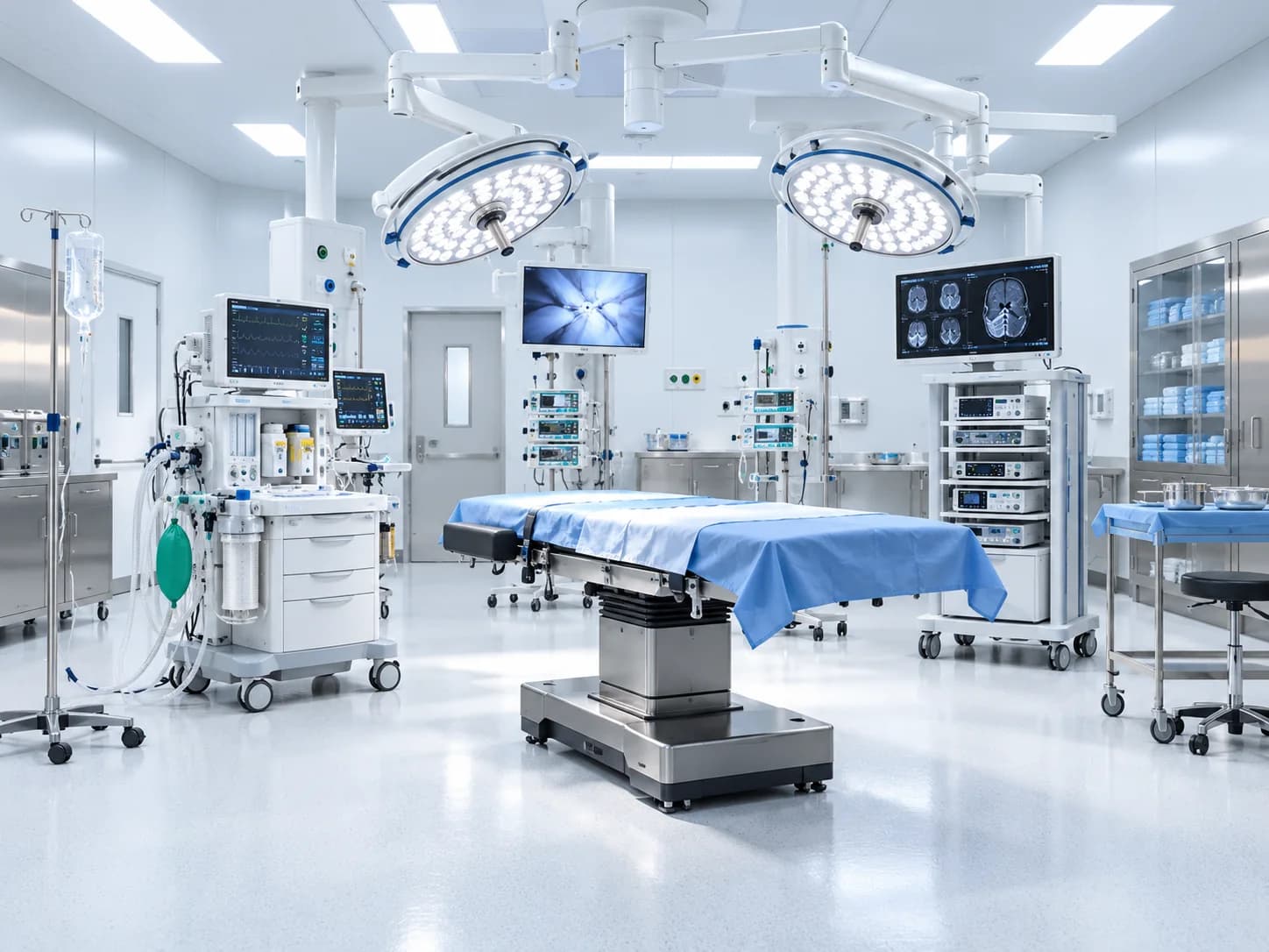 A fully equipped operating theatre: theatre lights, an operating table, anaesthesia and monitoring equipment