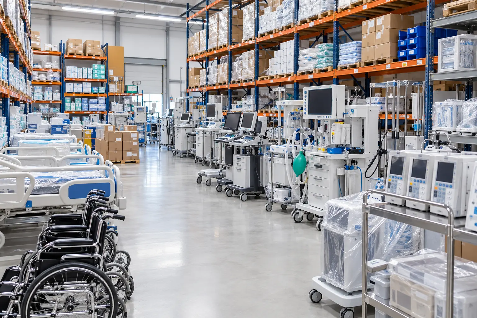 Medical equipment — hospital beds, wheelchairs, anaesthesia machines, monitors and infusion pumps — staged on warehouse racking